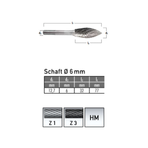 Solid Carbide Bur, Pointed Tree Shape Ø 12,7x32mm, Z3 dIMENSIONS